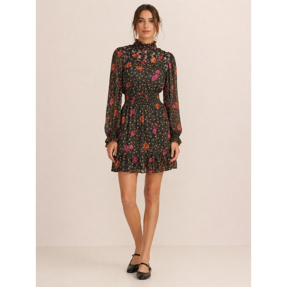 Angie Womens Boho Floral Smocked Mock Neck Mini Dress Black S Romantic Victorian